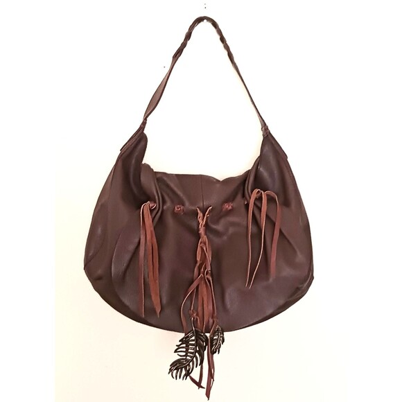 Lucky Brand Flap Hobo Brown Leather Hollywood & Vine Brass Feather Bag Charms - Picture 1 of 10